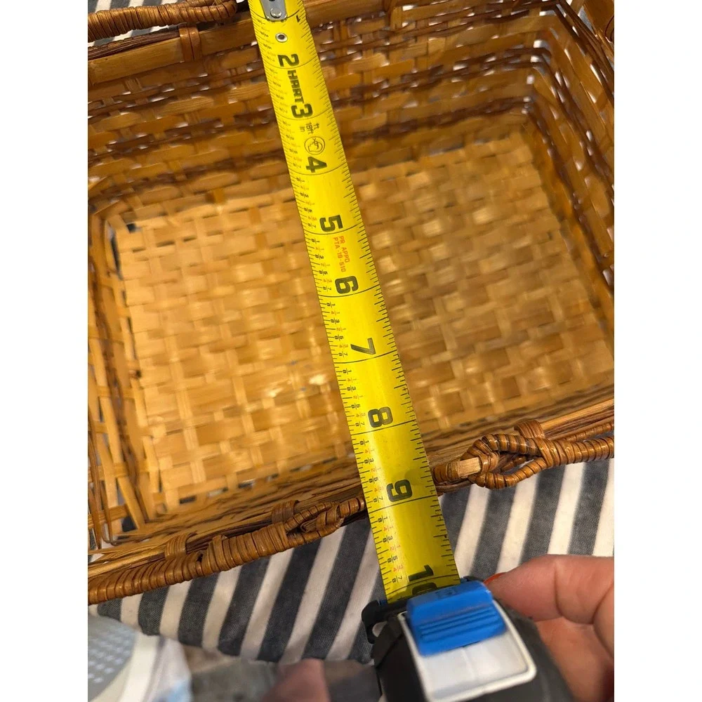 Vintage Style Woven Wicker Picnic Basket Rectangular Two Tone Wood Splint Tote
